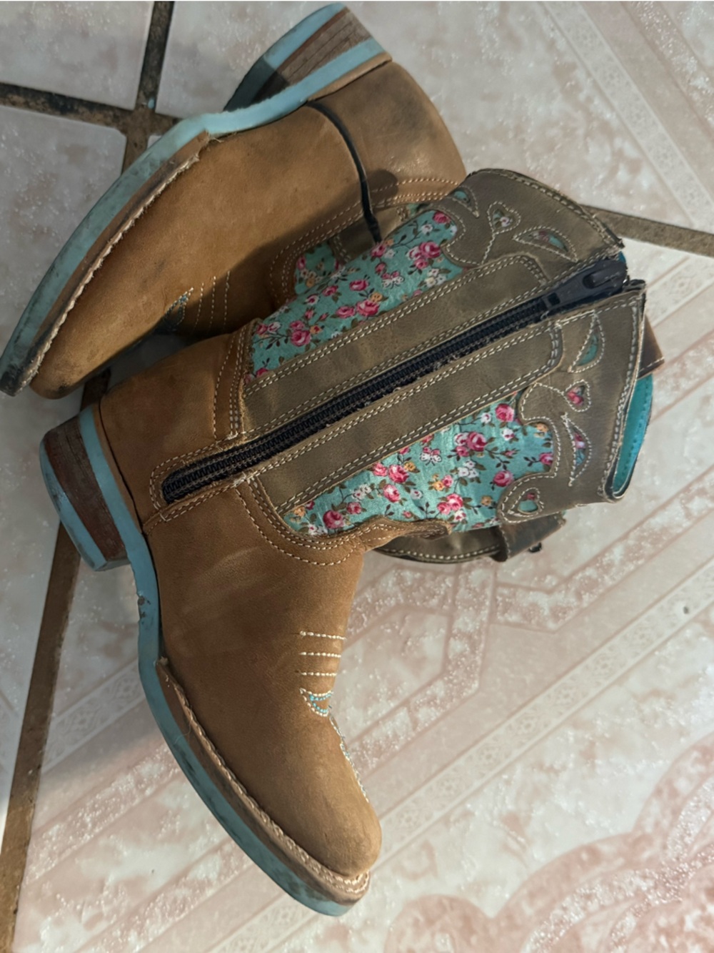 Brown Western Girls Floral Zip Cowboy Boots with Turquoise Accents
